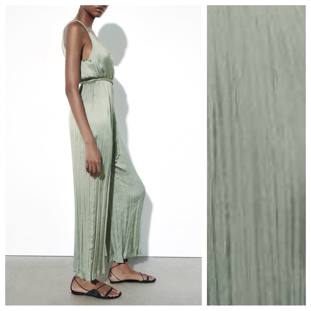 NWT. Zara Green Satin Effect Wrinkled Effect/Pleaded Jumpsuit. Size L. - Picture 2 of 9